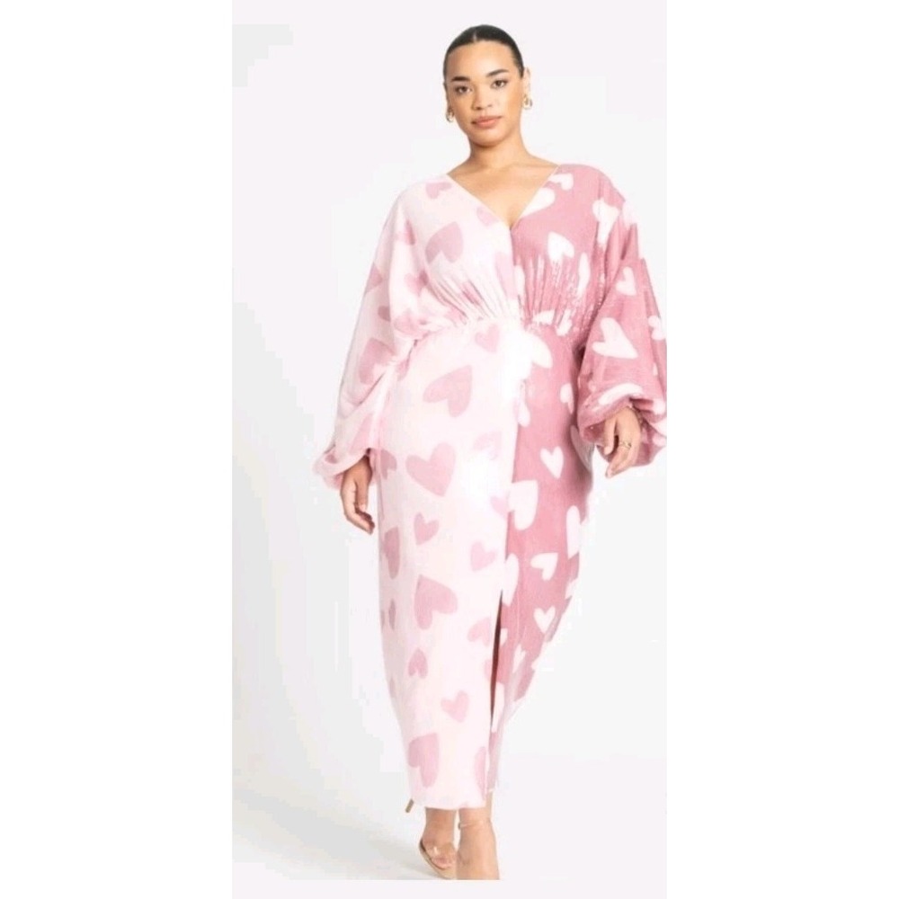 Eloquii Maxi Dress Women Sz 16 Heart Sequin Split Pattern Stretch Pink NWT